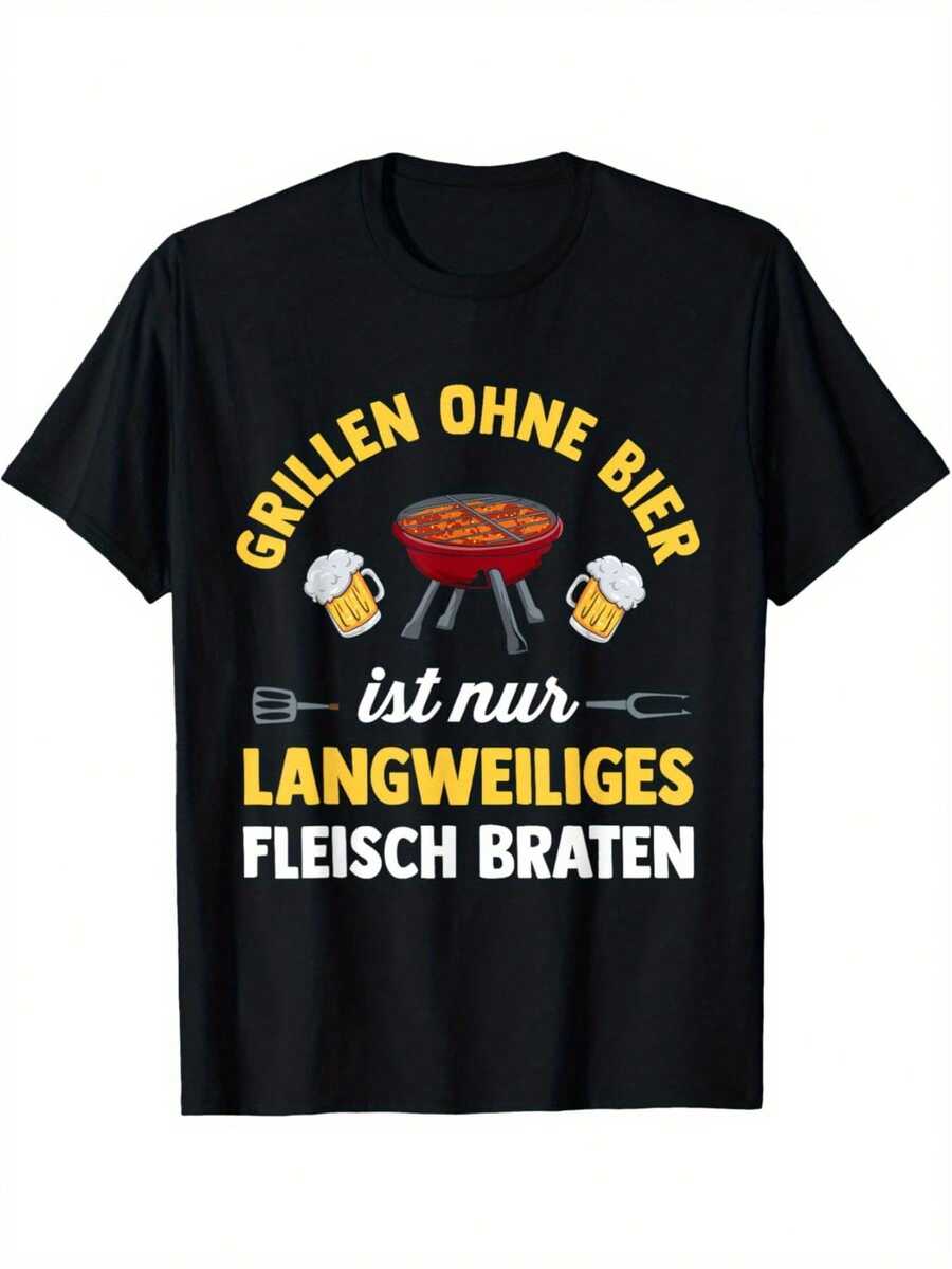 Camiseta gráfica divertida "Maestro de la Parrilla" para hombre - Camiseta negra casual vintage con frase sobre cerveza alemana y diseño de barbacoa, camiseta de verano adecuada para reuniones al aire libre, barbacoas, festivales, camiseta con temática de cerveza. - Negro - Ver 1