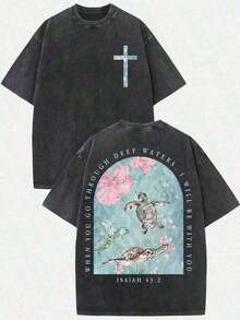 Vintage Style Washed Cotton T-Shirt, Summer Clothing 2026 (230g T-Shirt), Men's Loose Fit Washed Cotton T-Shirt With Turtle Graphic "When You Go Through Deep Waters", Ca - 黑色 - 查看 1