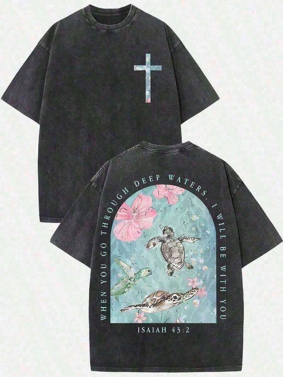 Vintage Style Washed Cotton T-Shirt, Summer Clothing 2026 (230g T-Shirt), Men's Loose Fit Washed Cotton T-Shirt With Turtle Graphic "When You Go Through Deep Waters", Ca - 黑色 - 查看 1