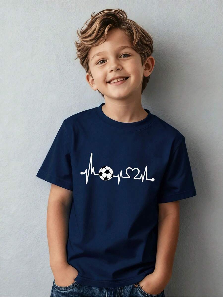 Boys' Crew Neck T-Shirt, Modern Design With Football Heart And ECG Line - Casual Sportswear, Suitable For Children Ages 5-13, Perfect For Holidays - 灰色 - 查看 1