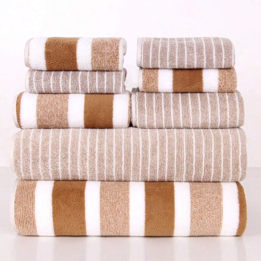 Bộ 8 khăn mặt phòng tắm kẻ sọc mềm mại, thấm hút tốt, nhanh khô - Nhiều màu - Xem 1