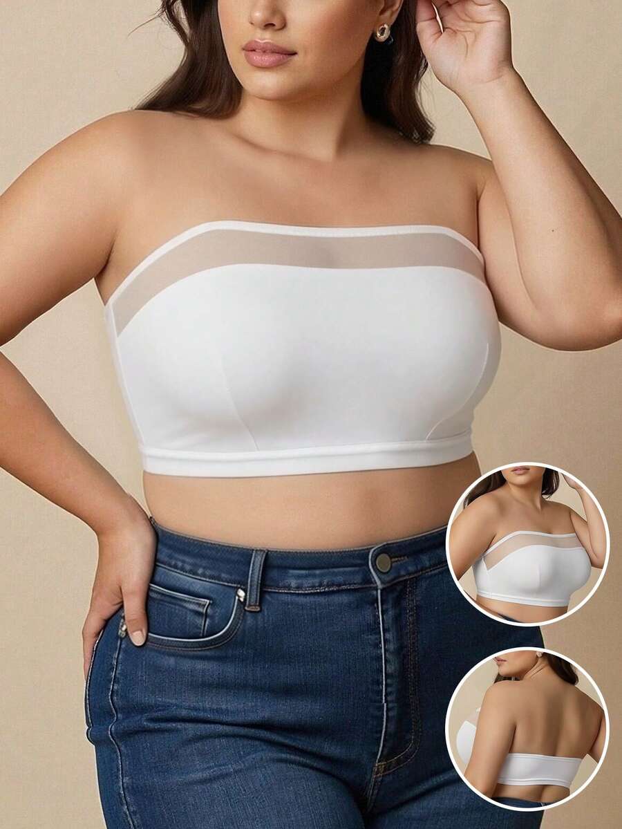 Plus Size Women's Comfortable Strapless Wireless Mesh Bra, Curve Design Seamless Vacation Bra, One-Piece Camisole Underwear - White - View 1