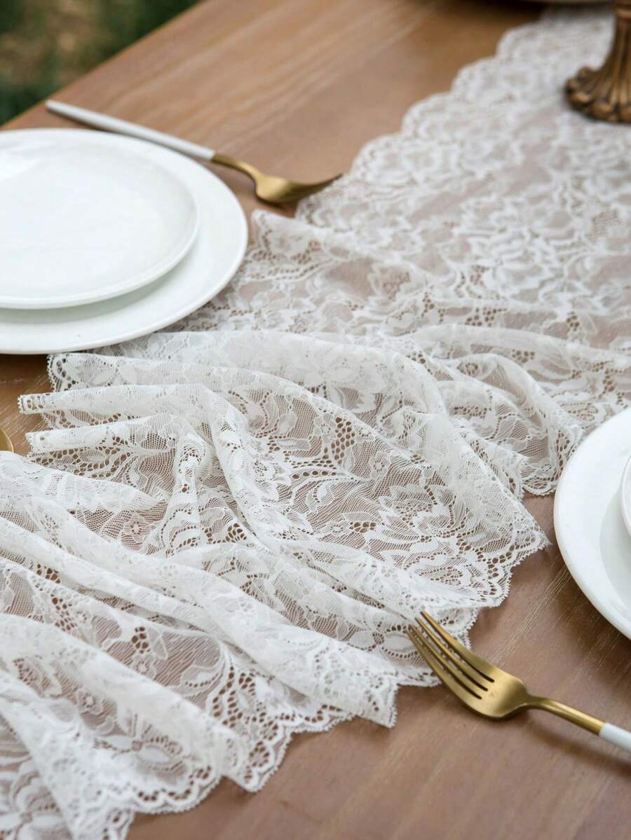1pc White Lace Rose Wedding Reception Table Runner Decoration - Multicolor - View 1