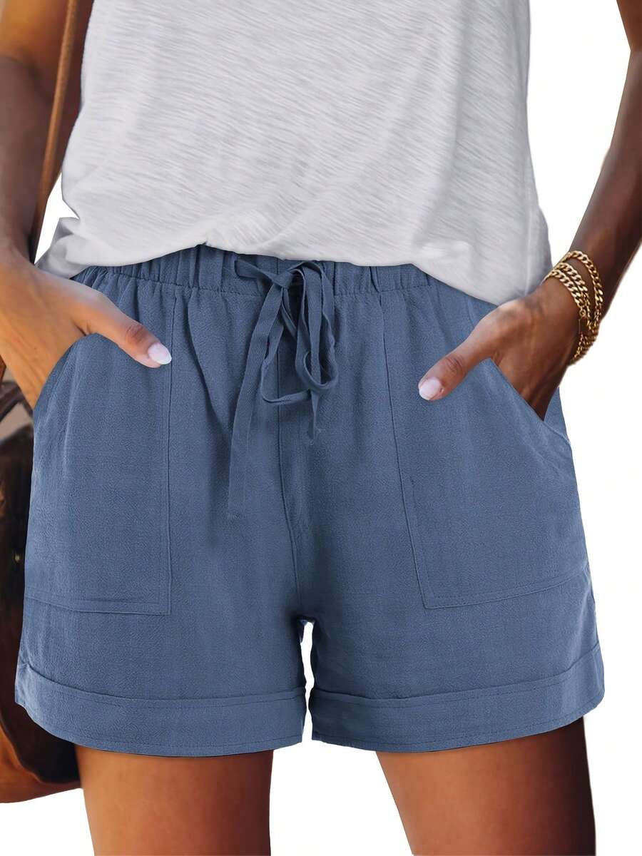 Women's Casual Shorts With Adjustable Drawstring, Elastic Waistband, Solid Color, Lightweight, For Summer Beach, With Pockets - 中藍色 - 查看 1