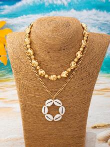 2pcs Beach Vacation Double Layer Shell Pendant Necklace Bohemian Asymmetrical Gold Bead Choker Beach Accessory - Gold - View 7