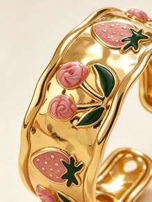 VceTd 1pc Gentle & Cute Style Stainless Steel Women's Bracelet With Enamel Drip Strawberry & Cherry Design, Suitable For Ladies To Wear At Banquets, Parties, Travel, Or Dates With Friends - Yellow Gold - View 11