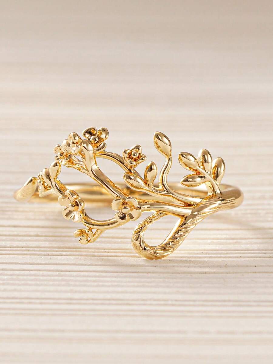 1pc Elegant Leaf-Shaped Ring For Teens, Suitable For Girls As Birthday Gift, Party Accessory Or Daily Decoration - Gold - View 1