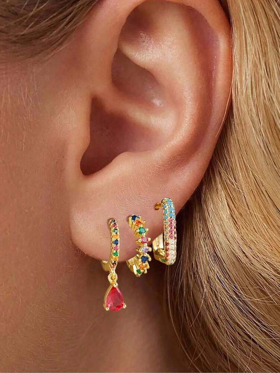 3pcs/Set Single-Side Multicolor Cubic Zirconia Teardrop Pendant Earrings, Women's Luxury Round U-Shaped Earrings, Piercing Jewelry - Flower - View 1