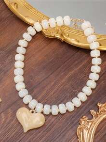 Colar Feminino de Coração Dourado Fofo, Colar de Contas Grossas, Múltiplas Opções de Cores, Gargantilha Curta de Coração, Joia Personalizada, Presente de Joia de Praia de Verão - Branco - Visão 1