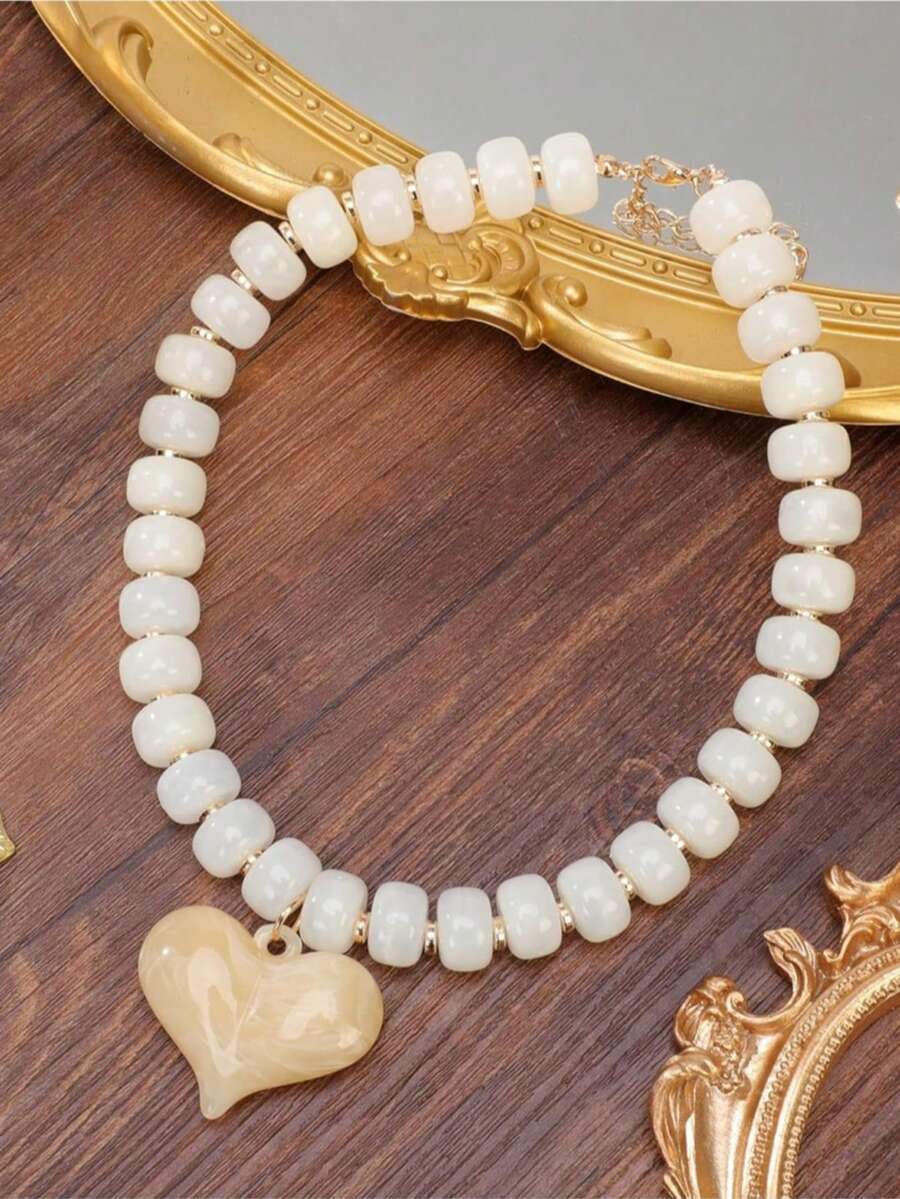 Colar Feminino de Coração Dourado Fofo, Colar de Contas Grossas, Múltiplas Opções de Cores, Gargantilha Curta de Coração, Joia Personalizada, Presente de Joia de Praia de Verão - Branco - Visão 1