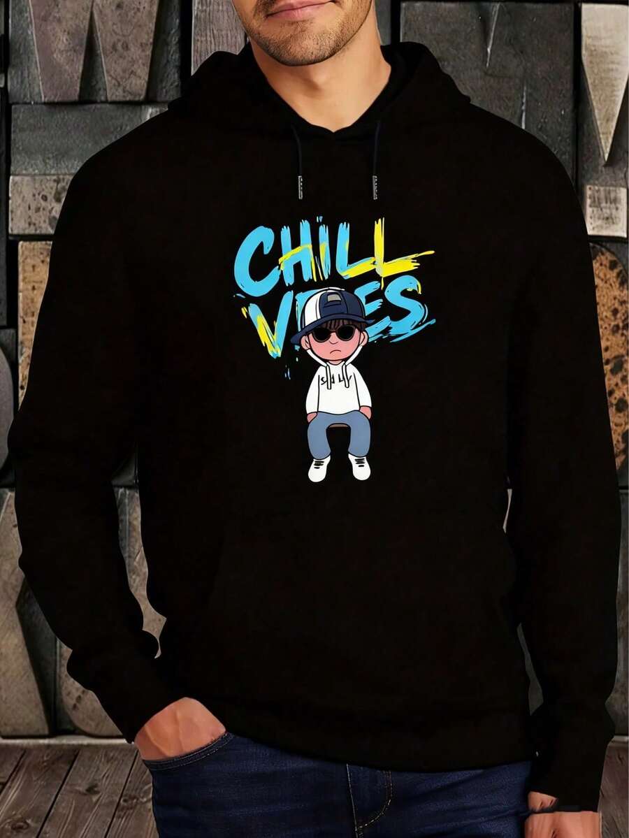Hombre003 Sudaderas de moda para hombre con patrón de columpio de dibujos animados, bolsillo canguro y cordón, manga larga versátil y elegante - Blanco y Negro - Ver 1