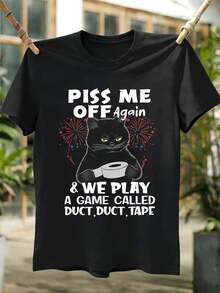 Di v ertida camiseta para ho mb re con eSt a mpado de un gato enfadado. Tejido de calidad, cuello redondo, corte holgado, eSt a mpado artístico. - Negro - Ver 2