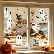 1Set Glow In The Dark Halloween Static Window Stickers, Multi-Style Ghost Pumpkin Skeleton Bat Spider Web HEY BOO Pattern Fluorescent Glass Clings, No Adhesive Reusable Decor For Store Cafe Glass Door Window Halloween Party Home Decor. - Multicolor - View 11