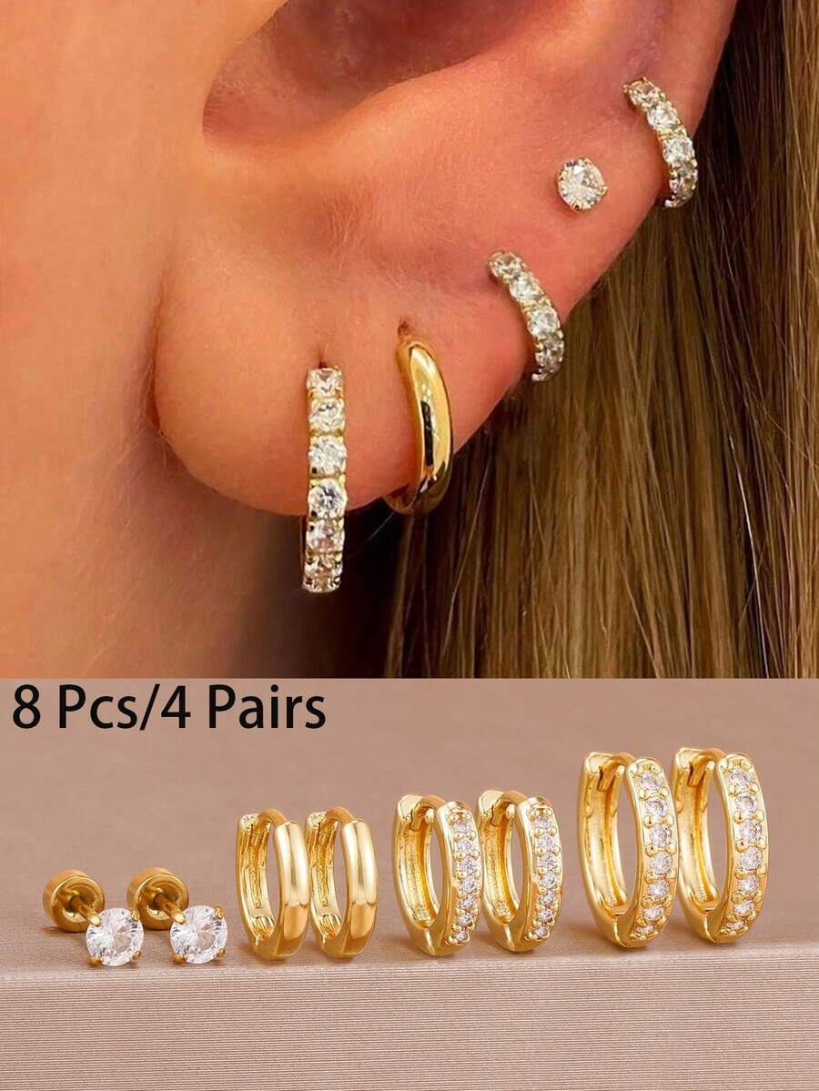 Set di 8 orecchini rotondi da donna, nuova moda, in acciaio inossidabile placcato oro 18K, per lobo e helix, gioielli per piercing - 2 Oro - 8 pezzi - Visualizzare 1