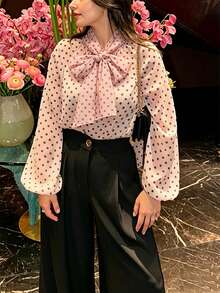 女款波點上衣 春夏秋休閒款 蝴蝶結寬鬆優雅襯衫 度假海灘度假派對上衣 都市通勤辦公正式襯衫 粉色 - 粉色 - 查看 7