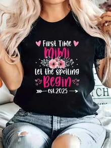 Mimi Women's T-Shirt With Letter Graphic, Summer Fashion, Short Sleeve, Round Neck, Printed, Casual, Women's Clothing - 黑色 - 查看 1