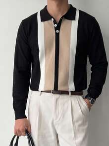 WAIT HIM Men's Striped Casual Long Sleeve Half-Zip Cardigan Sweater - Black - View 4