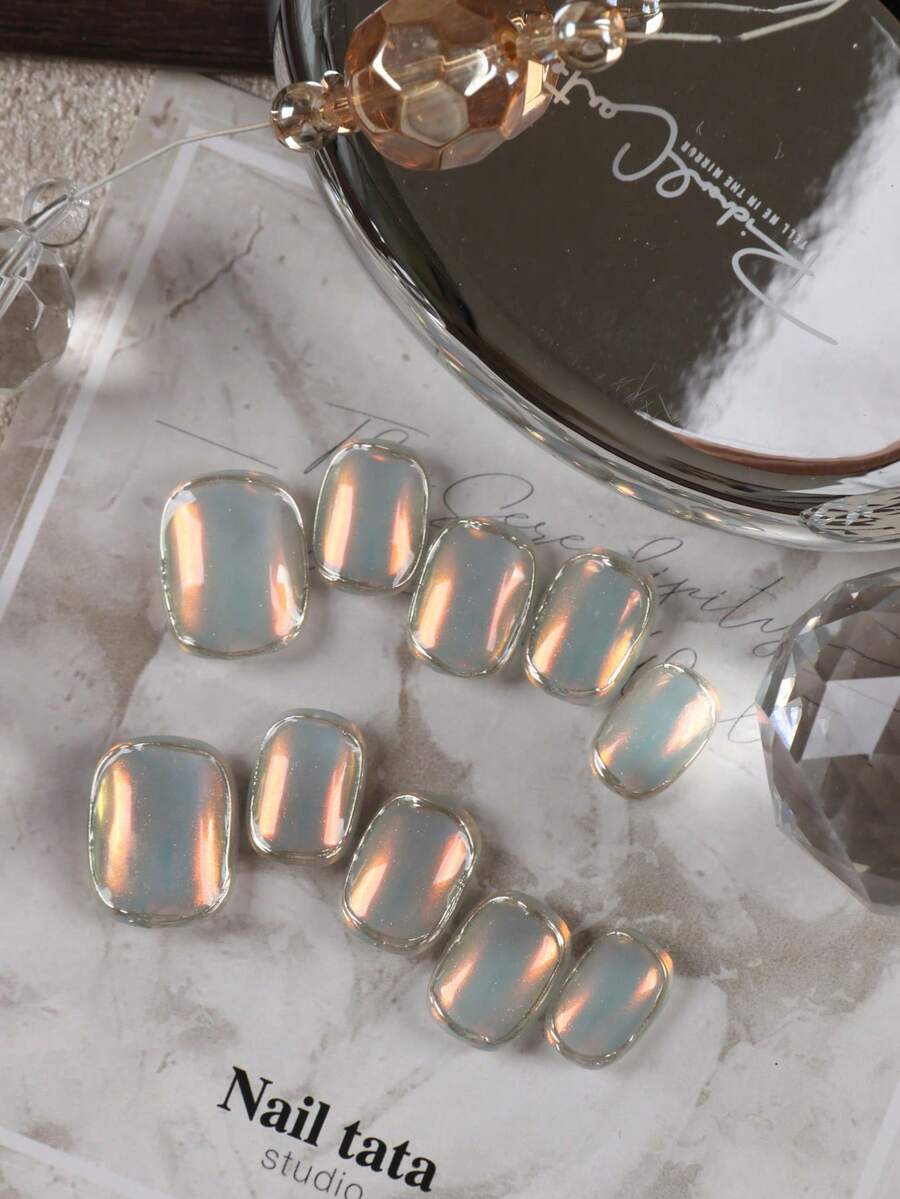10pcs Press On Nails White Nails Aurora Golden Border Nails Press On Nail Supplies Press On Short Nails Fake Nails Office DailyWear False Nails Artificial Nails Kit Includes 1sheet Adhesive Tabs &1 Pc Mini File Handmade Press On Nails - Multicolor - View 1