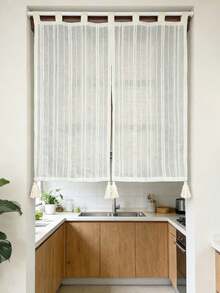 1 pieza Cortina de puerta estilo boho de lino con bordado a rayas, cortina de privacidad para entrada con borla, panel de cortina de encaje transparente estilo granja para cocina, baño, dormitorio, pasillo, con parte superior de suspensión - Beis - Ver 7