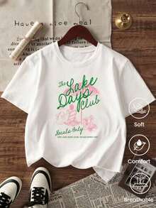 Playera blanca holgada manga corta mujer con estampado gráfico y letras estilo vacacional, tela cómoda transpirable para look casual diario y salidas de verano - Blanco - Ver 2