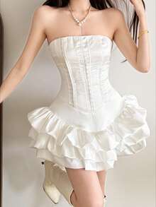Vestido de falda con volantes de varias capas delgado a través de la nueva cintura - Blanco - Ver 6
