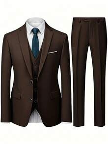 Men's 3 PiecesSuit Set, Blazer, Trousers, Vest, Fashionable Formal Suit For Wedding And Party - Brown - View 4