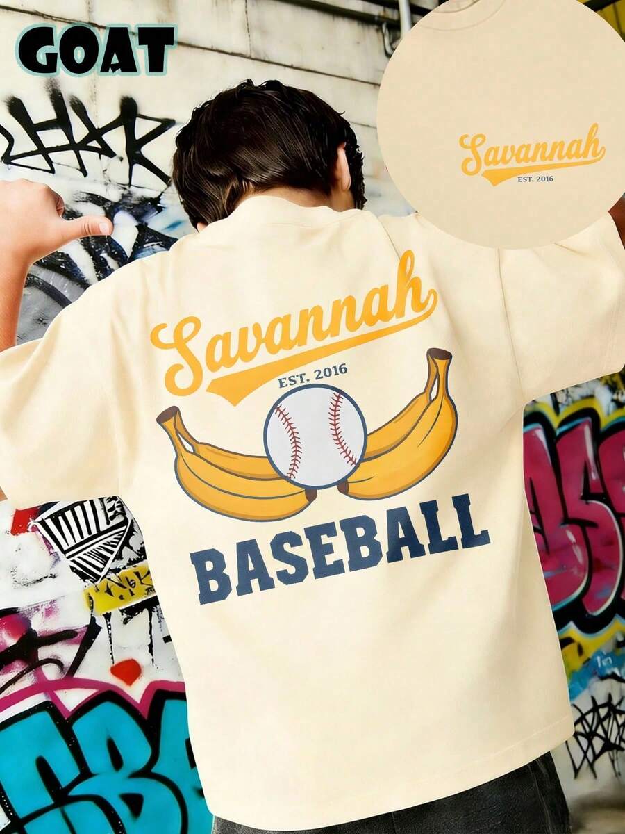 Savannah Baseball T-Shirts For Boys And Youth With Banana Ball Logo, Casual Short Sleeve Design, Sporty Style, Modern Graffiti, 180 Grams, 100% Cotton - 灰色 - 查看 1