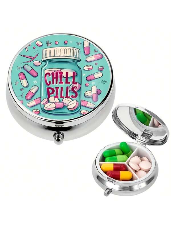 「CHILL PILLS」印花藥丸收納盒，圓形放鬆趣味配件設計，舒緩壓力，完美禮物，精緻外觀 3格便攜收納盒