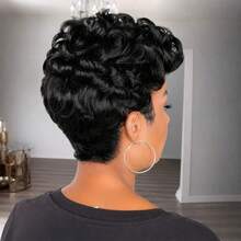 Put On And Go Chic Pixie Cut Wig With Bangs For Women 180% Density 6 Inch Short Curly Brazilian Remy Human Hair Pre-Plucked Short Bob Wigs Full Machine Made Ideal For Daily Use & Halloween And Christmas Wear - Natural Black - View 4