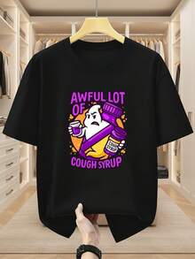 Camiseta de Hombre Talla% con Estampado de Fantasmas y Jarabe para la Tos, Divertida, de Manga Corta, Cómoda y Casual para Verano - Negro - Ver 1