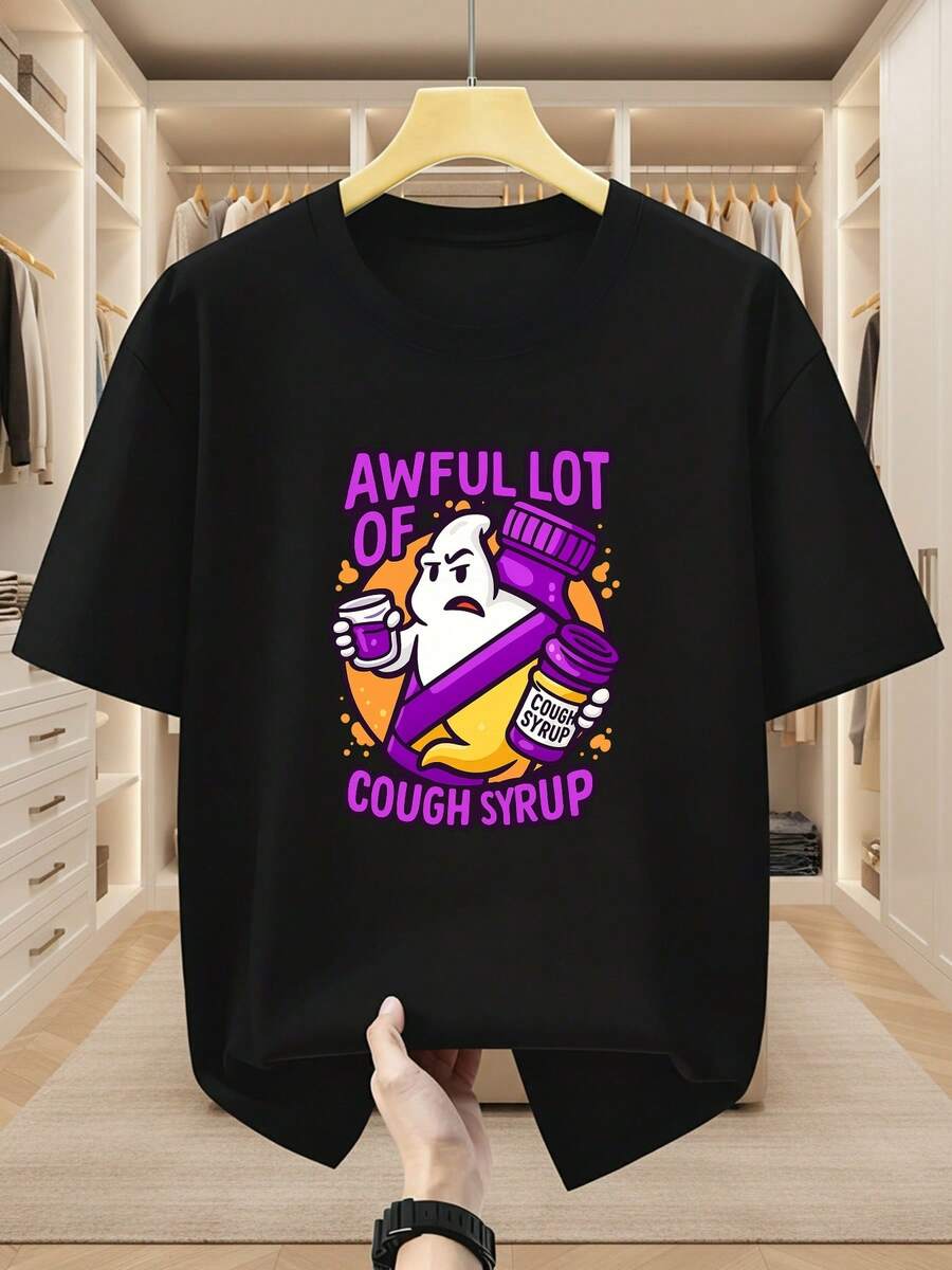Camiseta de Hombre Talla% con Estampado de Fantasmas y Jarabe para la Tos, Divertida, de Manga Corta, Cómoda y Casual para Verano - Negro - Ver 1