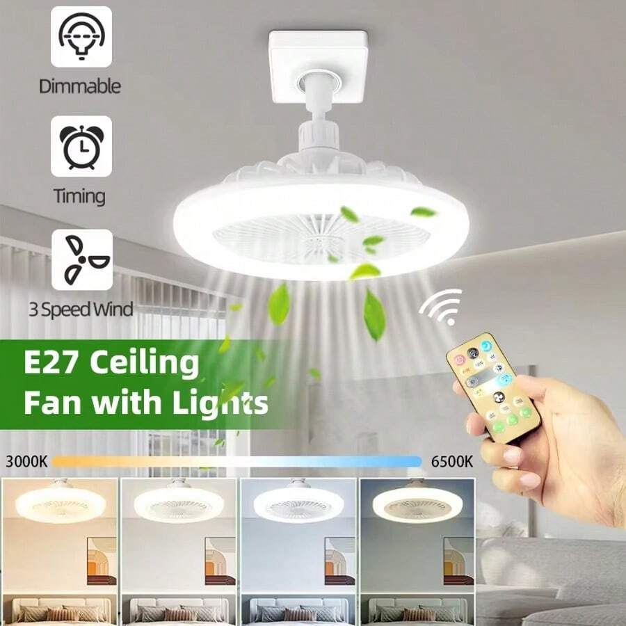 CANMEIJIA 1 pieza Ventilador de techo LED moderno con control remoto, ventilador de techo interior, luz de techo interior, 2 en 1, AC85-265V, 3 colores regulables, temporizador, 3 velocidades de viento, modo luz nocturna, adecuado para dormitorio, sala de estar, cocina, estudio - Tira de luz para ventilador E27 con control remoto - Ver 1