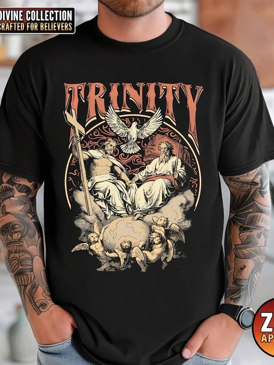 Camiseta cristiana, camiseta católica, camiseta católica tradicional, camiseta para hombres católicos, regalo para él, camiseta tradicional negra de cuello redondo para hombres, ideal para viajes, aventuras y uso diario. - Negro - Ver 1