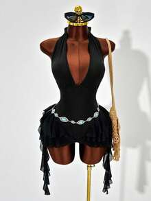 Vestido mini tipo body con cuello halter y escote en V profundo para mujer, con borlas largas irregulares, volantes de malla y sin mangas, ideal para discotecas. - Rojo - Ver 7