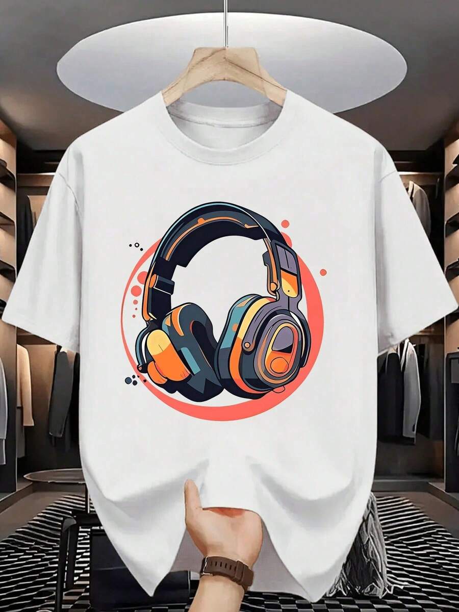 Camiseta Moderna para Hombre con Diseño Impreso de Auriculares Estilizados,Ideal para un Look Urbano y Casual de . - Blanco - Ver 1