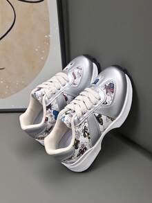 Zapatillas deportivas infantiles con estampado de mariposa, adecuadas para la escuela y escenas de actividad - Plateado - Ver 5