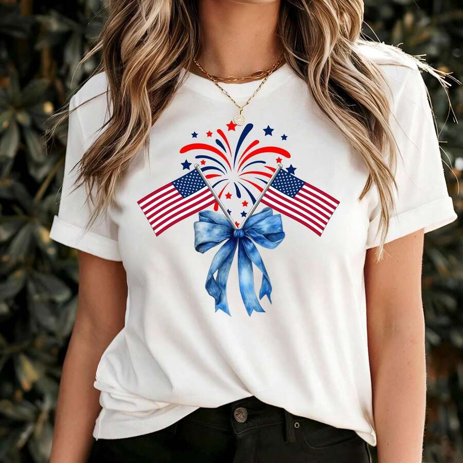 White T-Shirt For Toddlers With Patriotic 4th Of July Print, Casual, Short Sleeve, , Kindergarten Graduation, 4th Of July Girls, Children's Items, Clothing - 灰色 - 查看 1