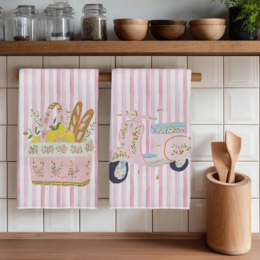 2PCS Kitchen Towels French Floral Motorcycle Watercolor Vertical Stripe Print, 40*60cm Rectangular Microfiber Kitchen Towels, Dishcloths, Tablecloths, Hand Towels, Kitchen Decor, Housewarming Gifts For Neighbors, Kitchen Napkins And Dishcloths, Home Decor - Pink - View 1