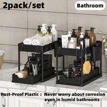 HOUSHELIF 2pcs Black Under Sink Storage Rack And Organizer, 2-Tier Sliding Cabinet Basket Storage Rack With Hooks, Rust-Proof Storage Rack, Suitable For Bathroom, Kitchen And Office Narrow Spaces. - Black 2pack/set - View 5