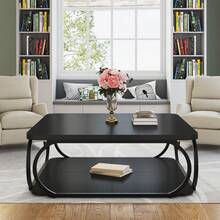 Tribesigns 40 Inch Coffee Table With Storage Shelf, 2-Tier Low Square Coffee Table With Farmhouse Wood Tabletop Heavy Duty Metal Curved Frame For Living Room - 黑色 - 查看 7