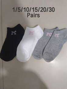 5/10/15 Pairs Unisex Comfortable Versatile Solid Color Black White Grey Bow Short Socks - Multicolor - View 18
