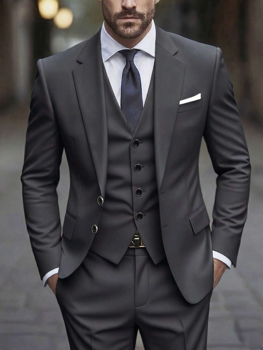 Setelan Jas Pria 3 Potong, Terdiri dari Blazer, Celana Panjang, dan Rompi, Jas Formal Modis untuk Pernikahan dan Pesta - Dark Grey - View 1