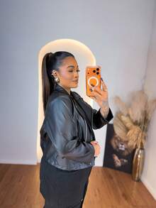 Women's Plus Size Black Faux Leather Jacket - Modern, Elegant, With Front Zipper | Casual Fashion Autumn/Winter - 黑色 - 查看 4