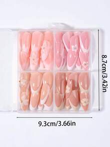 96片裝(4款混搭)杏仁形法式穿戴式假指甲，3D凝膠花朵與金珍珠設計，春夏款，易穿戴壓克力假指甲組，含1片果凍膠與1片指甲銼刀，適合女性與女孩日常及派對使用 - 彩色 - 查看 5