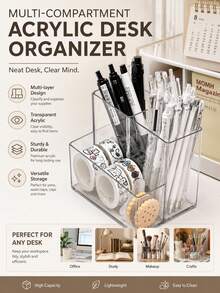 1 pieza Soporte de bolígrafos de acrílico transparente de 3 compartimentos, caja de almacenamiento multifuncional de moda minimalista, soporte de bolígrafos de acrílico transparente de múltiples compartimentos, caja de almacenamiento de escritorio, organizador de artículos de papelería dividido en varias capas, soporte para brochas de maquillaje, caja de almacenamiento de suministros de oficina, organizador de suministros de aprendizaje para estudiantes, estante de almacenamiento de artículos diversos de escritorio, organizador de almacenamiento transparente de gran capacidad, estante de almacenamiento de escritorio de oficina moderno minimalista, caja de almacenamiento de tocador - 1 - Ver 2