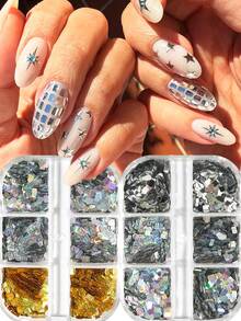 6 Grids Shiny Laser Holographic Rectangle Nail Sequins, Multi-Tone Metallic Silvery Golden Nail Glitter, Versatile Sparkly Manicure Decoration For Daily & Party Nail Art Nail Charms - Multicolor - View 2