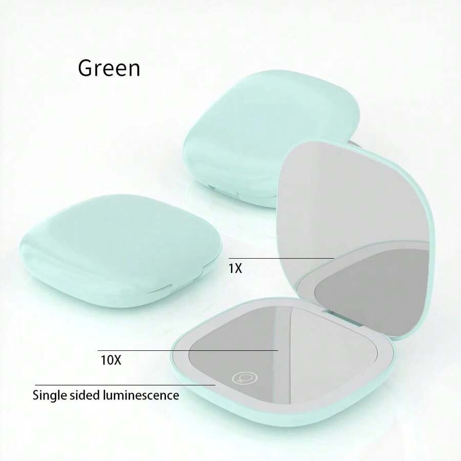 espejo de maquillaje LED, portátil, plegable, de bolsillo, con luz, aumento de 5x/10x, espejo pequeño recargable. - Verde - Ver 1