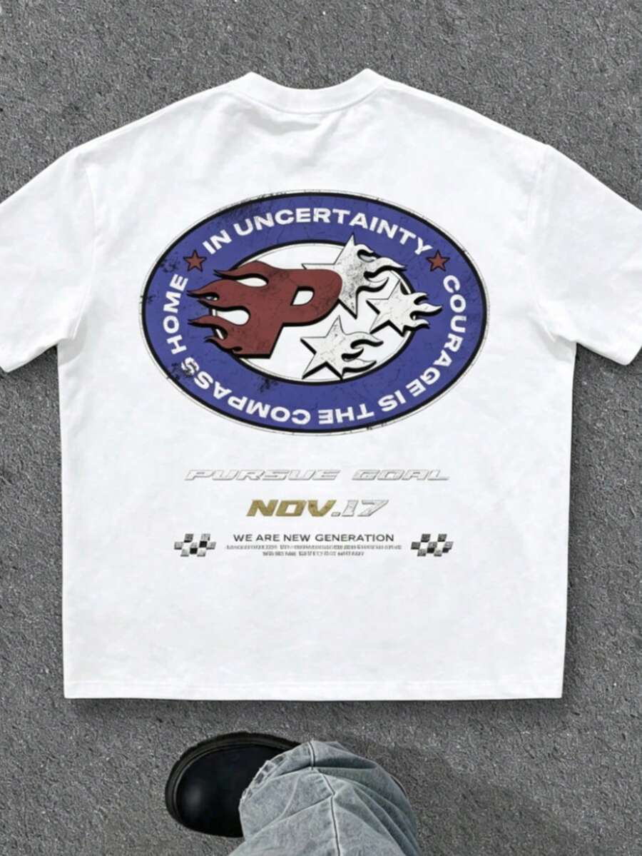 Short-Sleeved T-Shirt With Dropped Shoulders, Featuring An Oversized, Distressed Racing Graphic Print In Black. - 白色 - 查看 1