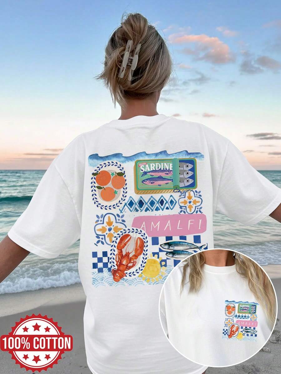 vestiti estivi donna frischer Stil, Meeresfrüchte und Zitronenelemente oberteile damen, Gittermuster, Été Mode und Freizeit, lockeres Format runde Kragen Camisetas, Camisetas mujer verano, - Weiss - Übersicht 1