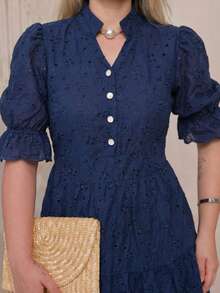 Women's Midi Dress With 3D Embroidery And Plain Design, Functional Button, Elasticated Back And Sleeves, 100% Cotton,  For Women. - 純海軍藍 - 查看 3